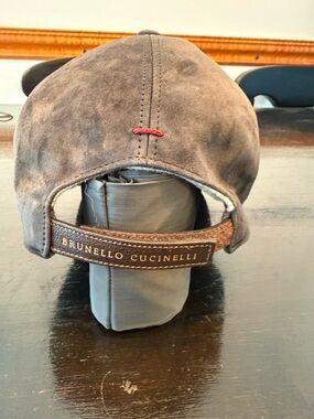 Brunello Cucinelli Brown Suede Baseball Cap with Red Stitch